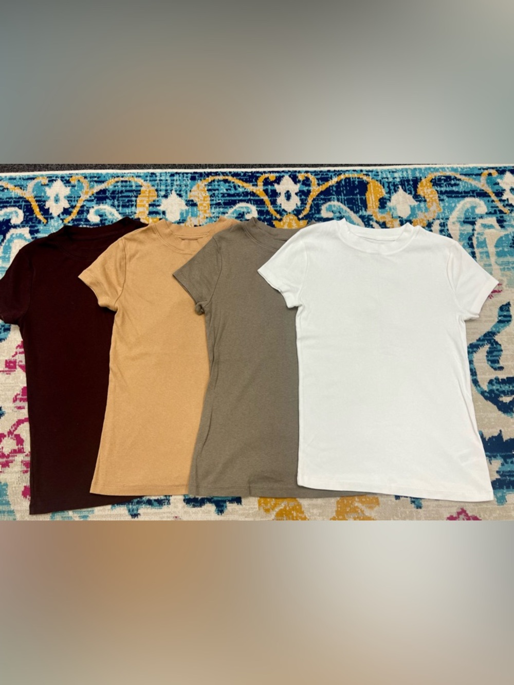 A New Day lot of 4 tight fitting crew neck tees. White, Olive, Camel, & Maroon